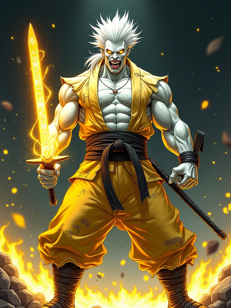 (Best quality ever) A scary humanoid male character, he is muscular and wears bright yellowish and worn color Japanese fighting training clothes, he wears brown warrior boots, his skin is snow white, he has bright yellow eyes with the illuminati symbol in each eye, he has a scary smile in a sadistic way, he is holding a sword made of bright yellow energy that has illuminati symbols,  He has big white hair pointed upwards and wears a mini top hat, manga art style