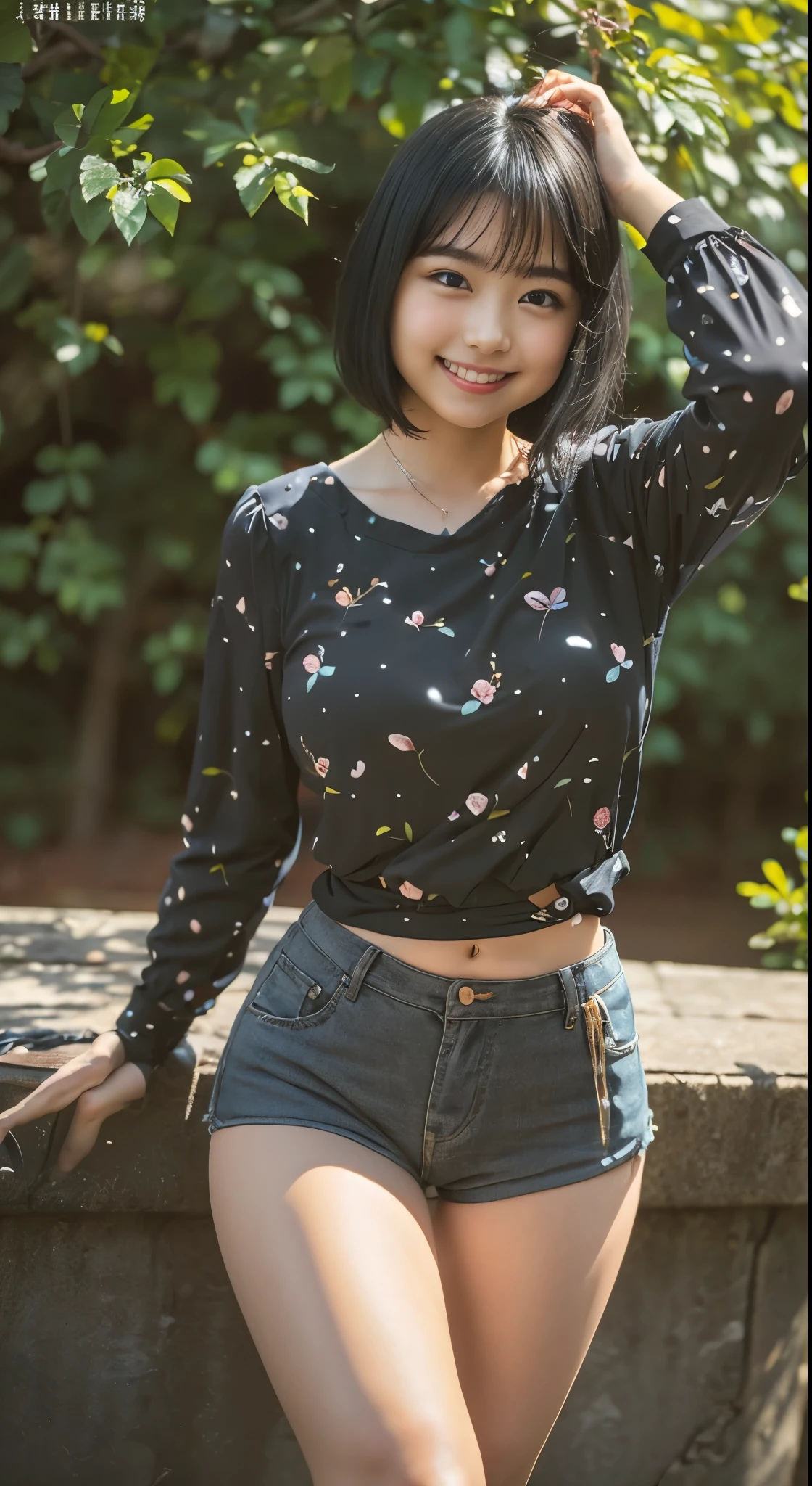 （8k、Raw photography、Highest quality、masterpiece：1.2),(Black Hair、Dark Eyes:1.9),(:1.6)、View your viewers,Front view,White skin,(:1.4)、(Tight waist:1.6)、(Clothes that accentuate the shape of the breasts:1.0)、(Big Breasts :1.3)、Slim figure、Ultra-high resolution,beautiful,beautiful fece,(1 person、No background:1.9),whole bodyボディー,Japanese women,（reality的：1.37）、Photon Mapping,reality、(Baby-faced and cute: 1.2)、(Cute Smile: 1.8)、(Round face: 1.8)、Radio City、Physically Based Rendering、Depth of field rally background、photograph, (I can see your knees、Thigh close-up:1.8),（:1.6）,whole body、Great quality