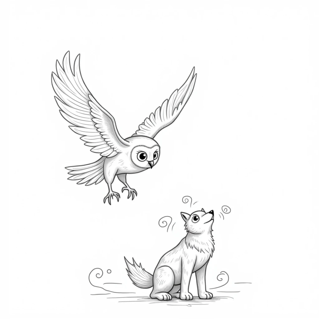 Owl flying around wolf. line drawing style for children's coloring on white background