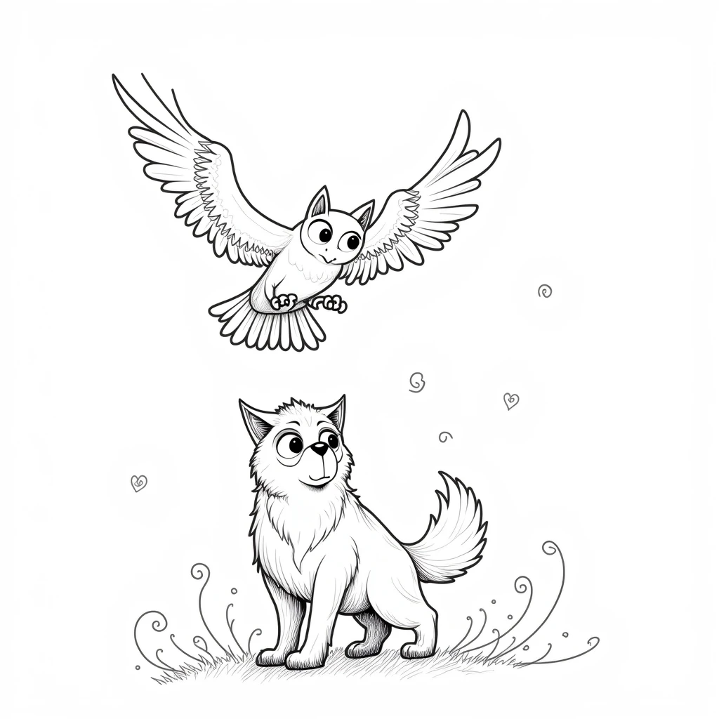 Owl flying around wolf. line drawing style for children's coloring on white background
