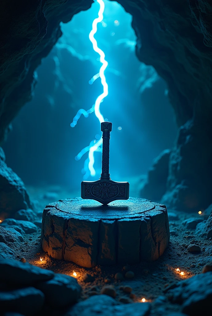 Thors Hammer realistc without thor, sitting center with lightening. I would like a stone slab infont where i could put my wallets