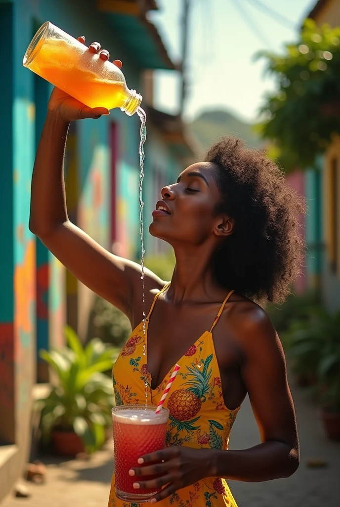 A Black Brazilian woman in a favela with a bottle of drink pouring into a pitcher with a straw