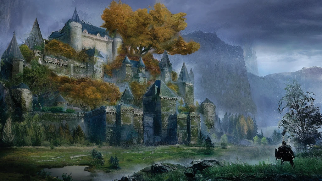 A mystical, medieval castle nestled in a dramatic mountainous landscape, surrounded by lush trees with golden autumn leaves. The castle is the focal point, with towering spires and ancient stone walls. The scene is set in a misty, blue-toned atmosphere, giving it an ethereal and otherworldly feel. In the foreground, instead of a lone warrior, there are six young people dressed in modern clothing, standing together and looking towards the castle. The overall style is artistic and painterly, with a rich palette of deep blues, greens, and warm autumnal tones.
