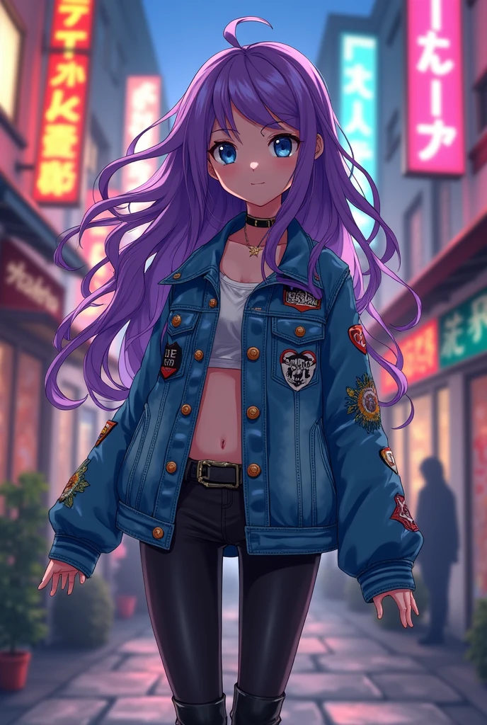 Girl with long wavy violet hair, his eyes are blue, wear urban chic clothes. anime style.