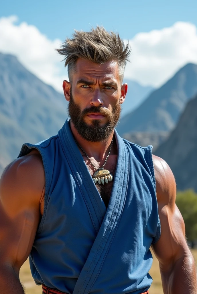 Full body, solo, man, short wild brown hair and beard, graying hair, facial markings, teeth necklace, blue eyes, mountains, blue karate gi, sleeveless gi, serious, armbands, ,