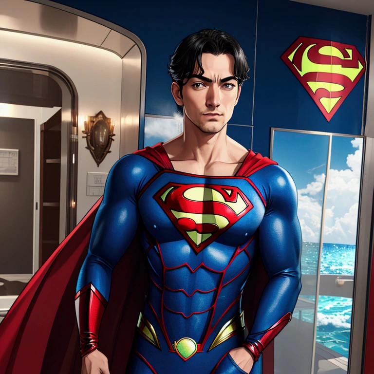At sea dressed as Superman