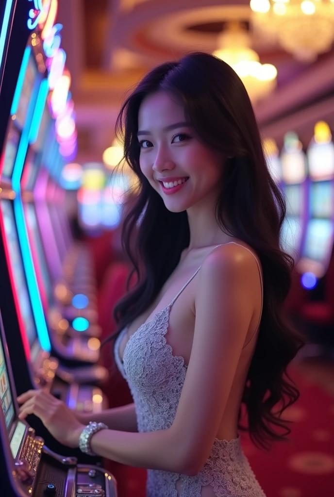 An elegant and realistic Asian girl in a white and gray party dress is playing slot machines.