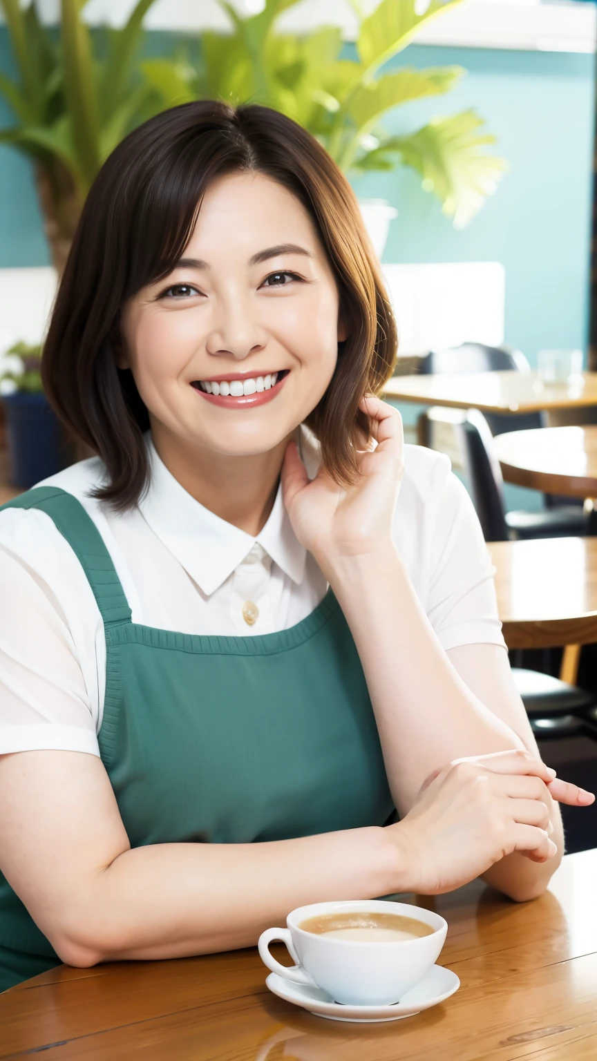 8k wallpaper, masterpiece, Highest quality, Very detailed, One Mature Woman, 50 years old, Become very clear, Wearing a short-sleeved knit, Skin dents, Captivating smile, Looking at the audience, No lapel microphone, Plump, Curvaceous, Attractive face, Smiling with teeth showing, I was happy, sitting in a cafe, Background Blur