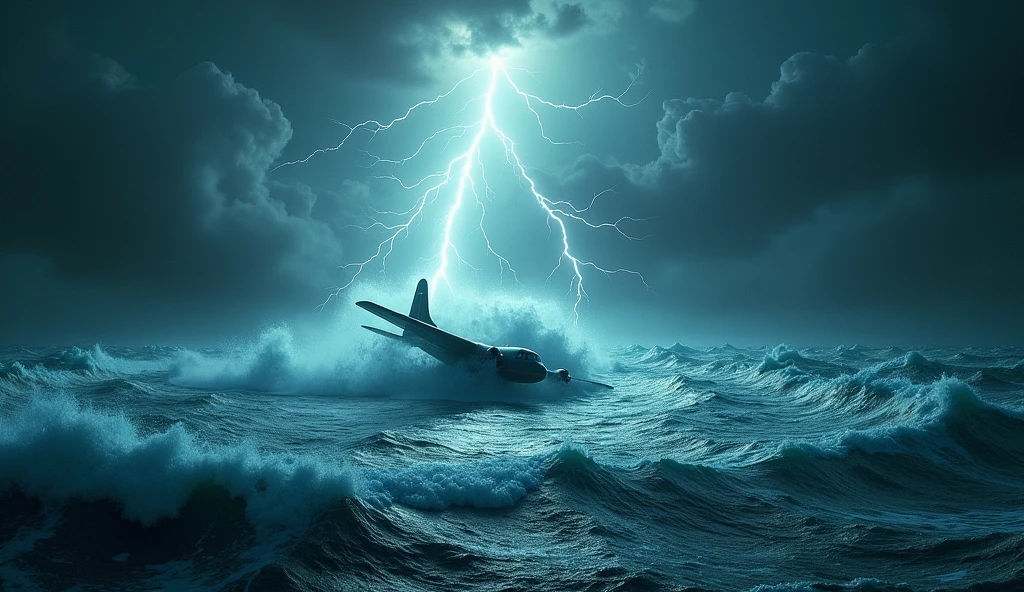 Make a hyper realistic picture of the Bermuda Triangle, where the nature of the situation is terrible, lightning, water swirling in a circle, an airplane crashing into the water.