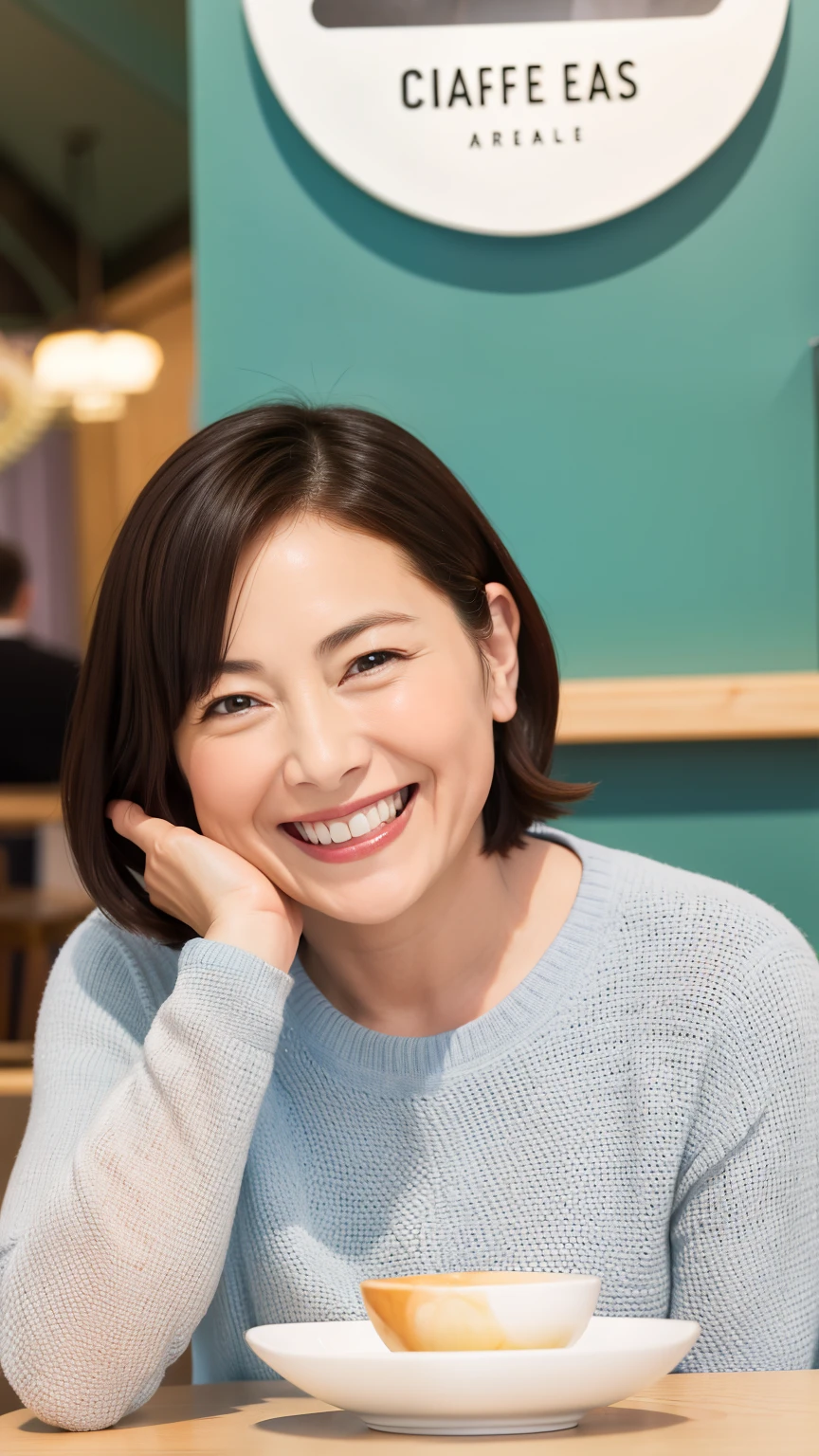 8k wallpaper, masterpiece, Highest quality, Very detailed, One Mature Woman, 50 years old, Become very clear, Wearing a short-sleeved knit, Skin dents, Captivating smile, Looking at the audience, No lapel microphone, Plump, Curvaceous, Attractive face, Smiling with teeth showing, I was happy, sitting in a cafe, Background Blur