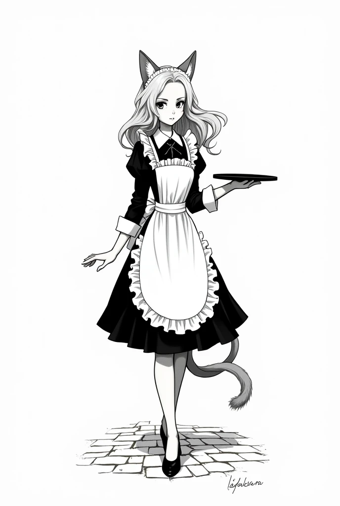 Jacques prevert black and white illustration art, illustration of a beautiful girl, an adult body, detail face, blond hair, cat ears, cat fluffy tail, tray in hand, maid suit, line draw, brick floor, white simple background, --ar 2:3 --stylize 50