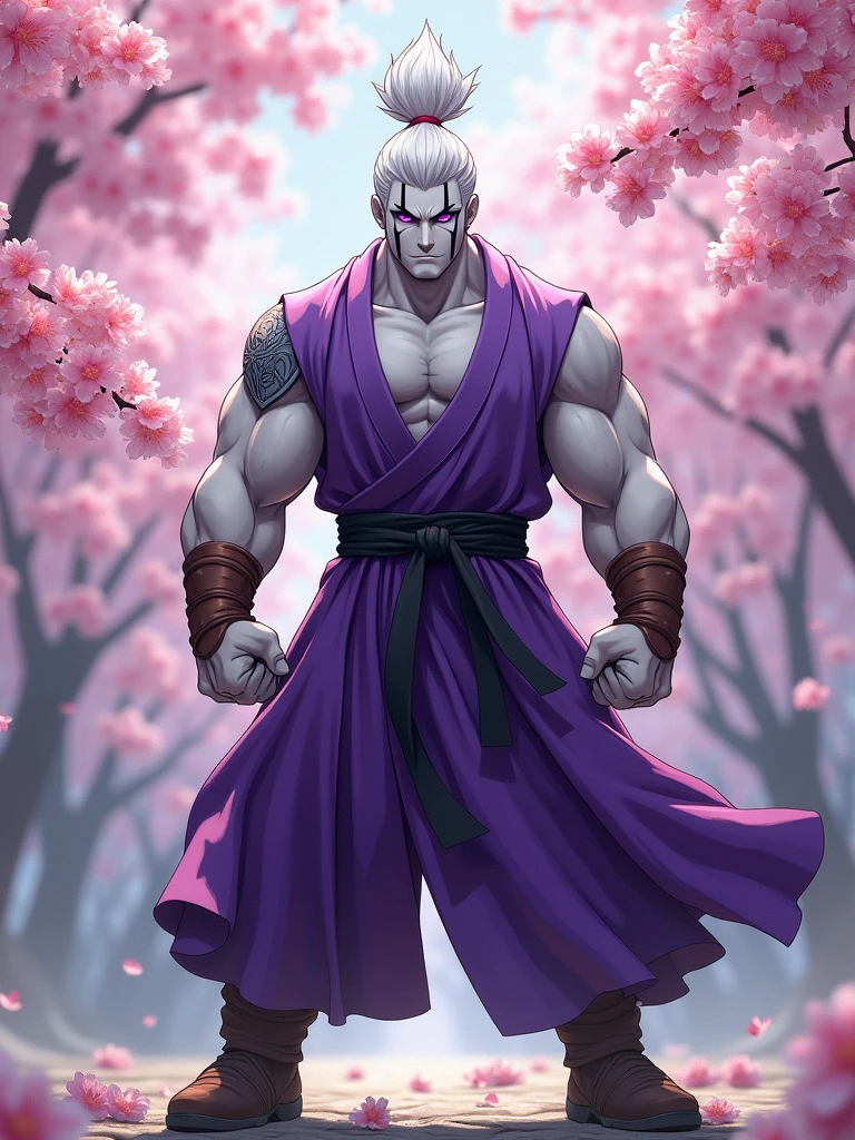 (Best quality ever)A humanoid male character, he is muscular and wears purple-colored Japanese fighting training clothes, he wears brown warrior boots, his skin is snow-white, he has purple eyes with black stripes running down his face underneath each eye, he has large upward pointed white colored hair.