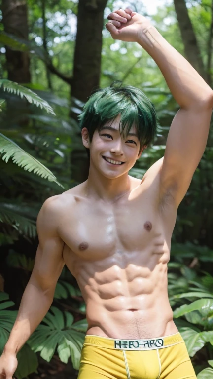 Japanese men、、Well-developed muscles and smooth skin、Fluffy, voluminous, bright green hair、Thin yellow boxer briefs、You can see the whole body from head to toe.、Smiling softly and friendly、Hero Academy、Posing in the forest