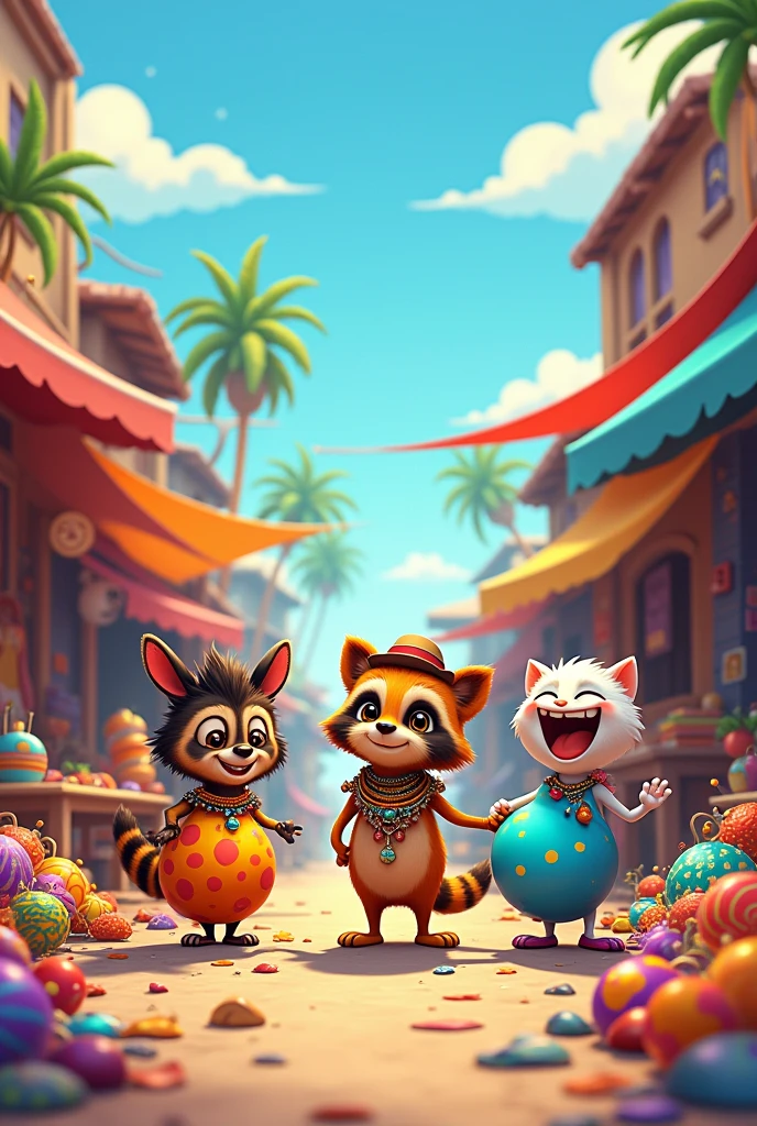 Create 3 cartoon characters their name is Flea Market Bouncy Balls 