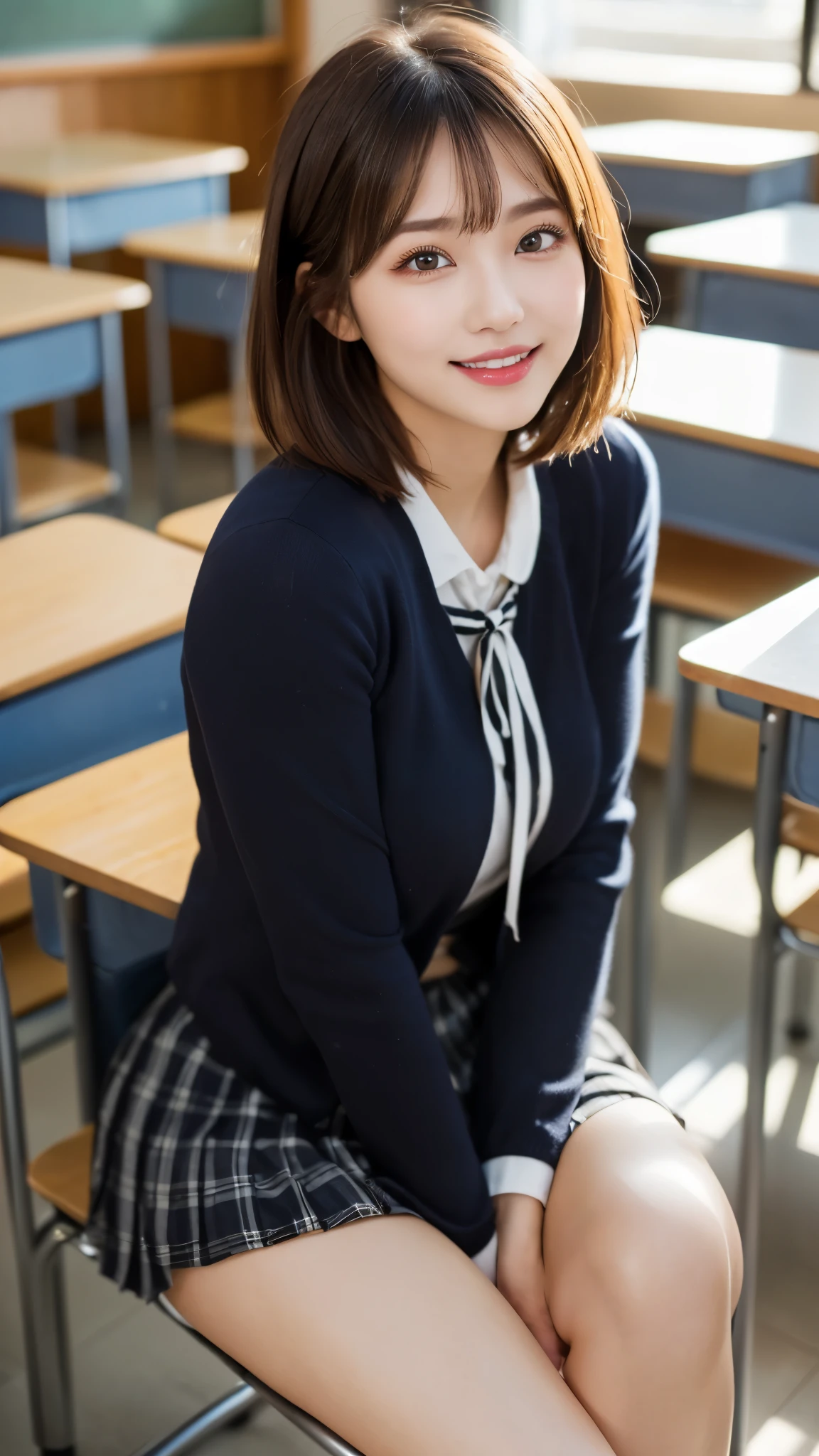 (masterpiece:1.3), (16k, photorealistic, RAW photo, best quality: 1.4),(photo of a beautiful Japanese girl), absurdres, attractive, ultra high resolution, ultra realistic, highly detailed, golden ratio, ultra detailed, super fucking beautiful detailed face, natural makeup, detailed cloth texture, detailed hair texture, beautiful detailed fullbody, Perfect female body, accurate, Anatomically correct, Highly detailed face and skin texture, (beautiful hands), (realistic skin), (beautiful pale skin:1.1), (Perfect dynamic composition, looking at viewer, full body shot:1.3),
BREAK,
realistic eyes, beautiful detailed eyes, symmetric eyes, Light Brown eyes, Double eyelids, Thin eyebrows, (Glossy lips:1.4), ((A face with waiting for a kiss, Seductive smile:1.2)), (weat skin, blush:1.1),
BREAK,
((short hair, bob, Dark blonde hair, bangs, pin:1.2)), (Daytime, Straddling a chair, classroom:1.3), (school uniform, Dark Blue jacket, Ribbon, white Long sleeve, Checkered skirt:1.3)