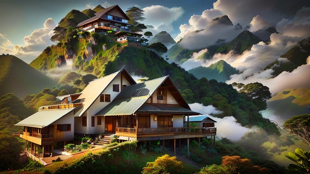 A solitary house with a mountain in the background and fog in the air, coffee axis, colombia, stunning nature in the background, paradise in the background, beautiful place, 3 0, Quindío, colombia, amazing landscape, colombia, Absolutely exceptional image, mystical environment, Colombian cloud forest, national geography of coffee culture, mountainside house, environment in nature, magic coffee