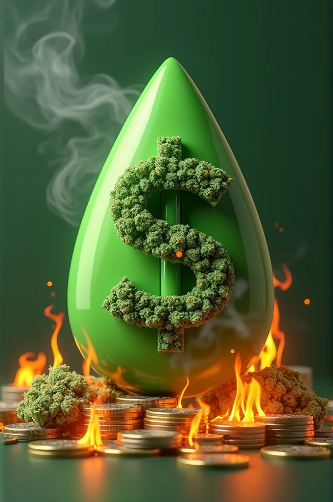 Create a 3d image of airdrop called Weed on solana with dollar sign,coins,weed cigarettes and fire,Sorry, the image dimensions use 640x360.