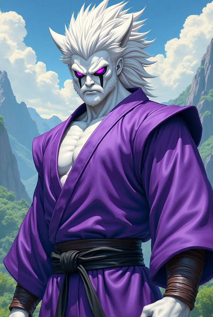 (Best quality ever)A humanoid male character, he is muscular and wears purple-colored Japanese fighting training clothes, he wears brown warrior boots, his skin is snow-white, he has purple eyes with black stripes running down his face underneath each eye, he has large upward pointed white colored hair., manga art style, rpg art style