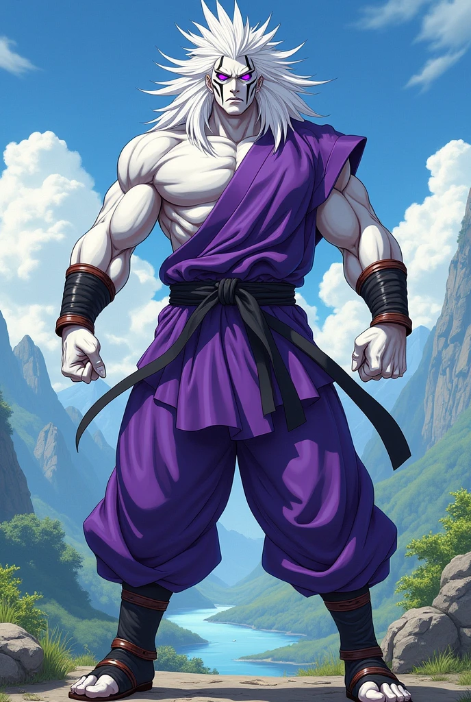 (Best quality ever)A humanoid male character, he is muscular and wears purple-colored Japanese fighting training clothes, he wears brown warrior boots, his skin is snow-white, he has purple eyes with black stripes running down his face underneath each eye, he has large upward pointed white colored hair., manga art style, rpg art style