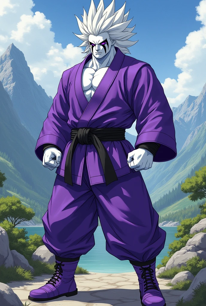 (Best quality ever)A humanoid male character, he is muscular and wears purple-colored Japanese fighting training clothes, he wears brown warrior boots, his skin is snow-white, he has purple eyes with black stripes running down his face underneath each eye, he has large upward pointed white colored hair., manga art style, rpg art style