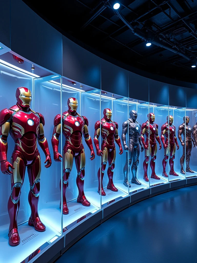 Scene: An Avengers Museum Exhibit Featuring Iron Man's Hall of Armor

In a state-of-the-art Avengers museum, the Hall of Armor stands as a centerpiece, showcasing the evolution of Iron Man’s suits. The display is a sleek, circular room with a futuristic design, where each of Tony Stark’s iconic armors is housed in individual, illuminated glass chambers. The armors, arranged chronologically, include the bulky Mark I, the sleek Mark III, the advanced Mark XLII, and the powerful Mark LXXXV, each with its unique design, color scheme, and battle-worn details