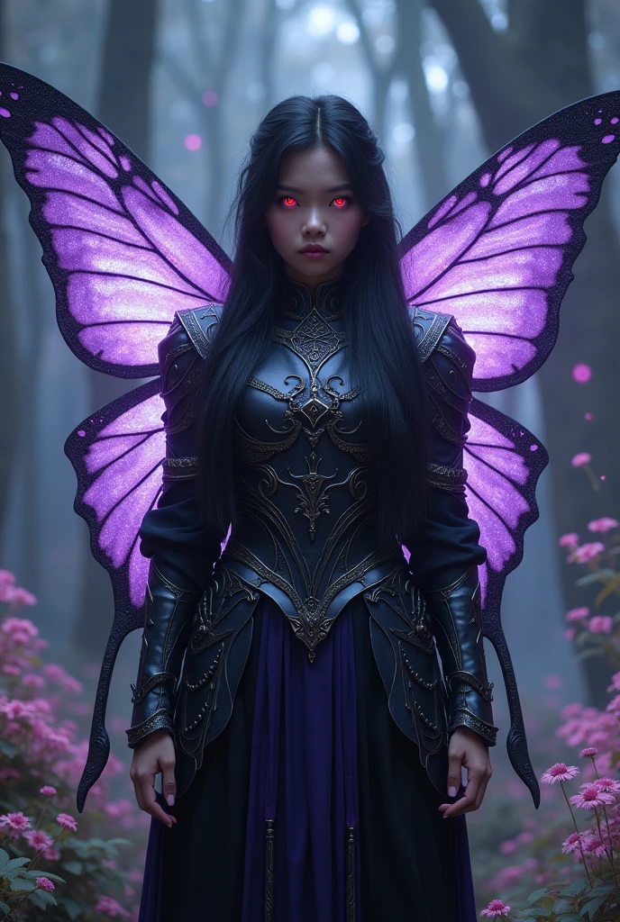 Asian woman with black armor purple butterfly wings and red eyes and antenna 20 years old