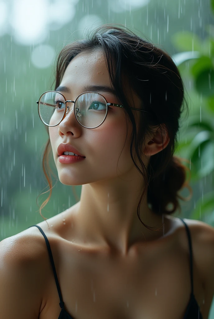 (top-quality、4K、masterpiece:1.3)、Beautuful Women、1 female、(breastsout、Attractive body:1.2)、abdominals:1.1、dark brown hair:1.1、Pony tail、(rainy wet、Wet in the rain、Wet body:1.2)、Ultra-detailed face、Detailed lips、A detailed eye、二重まぶた、eye glass