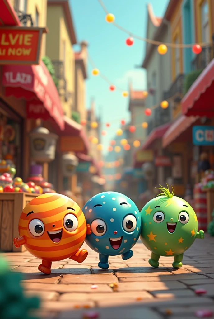 Create 3 cartoon characters their name is Flea Market Bouncy Balls