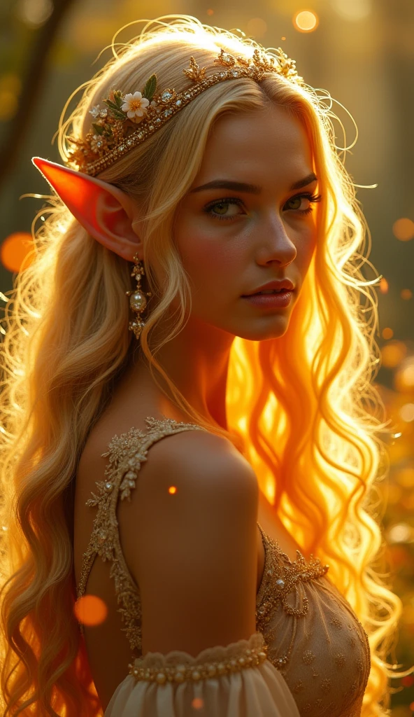 The second image you shared continues the ethereal and magical theme, featuring another enchanting fairy-like character. This figure is bathed in warm, golden light, creating a radiant and almost divine aura around her. Her long, wavy hair glows with the same golden light, adding to the mystical atmosphere. She also has pointed ears, a common trait among fantasy beings, and is adorned with delicate jewelry, including a tiara and earrings, which enhance her regal and otherworldly appearance.