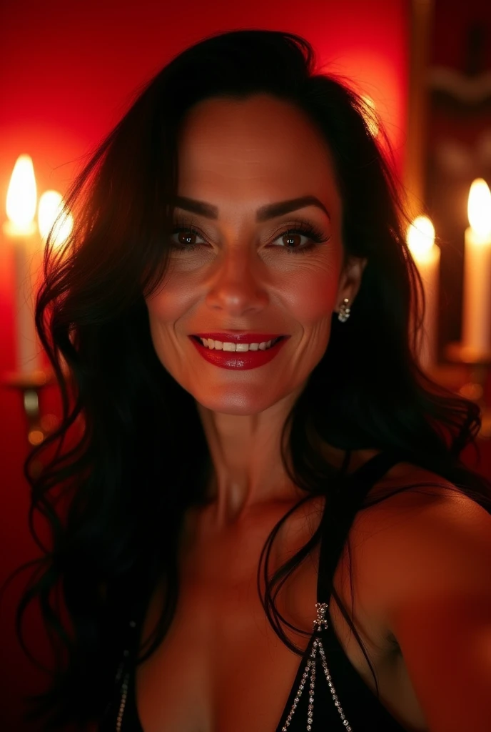 Dominatrix woman in her 60s, very thin white with many wrinkles, pose for selfie not Instagram, naked, sexy pose, smiling showing her teeth, heavy makeup long black and black hair looking at the camera, detailed photo, realistic lighting, High quality real skin: 1.4, Enhanced cinematic lighting: 0.9, hyper-realistic: 1.4, (soft lighting: 1.05) moving figure, sexy dominant pose, domination, mistress, BDSM, red room with candles