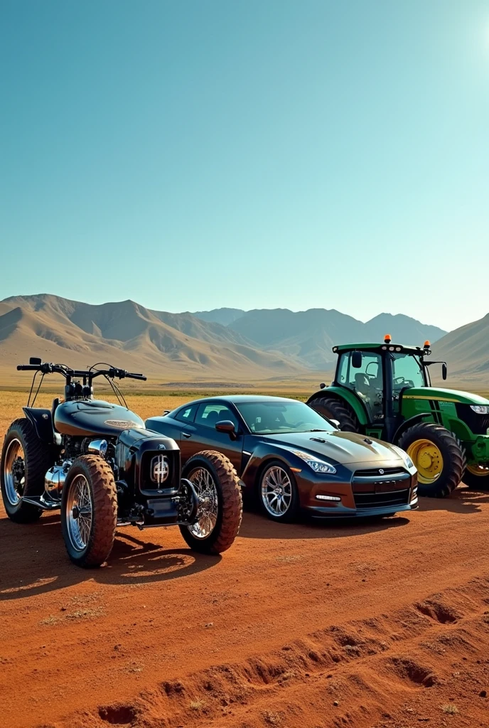 Real vehicles together for advertising: 
Cross Motorcycle, automobile, truck, agricultural tractor 