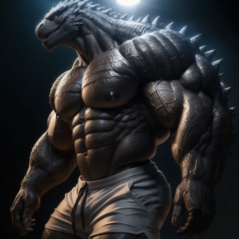 furry growth, hyper growth, hyper muscles, godzilla, shirtless, white shorts, muscular, on a gray background, detailed anatomy, highly detailed muscles, hyper realistic, cinematic lighting, dramatic lighting, volumetric lighting, photorealistic, 8k, ultra detailed, hyper detailed, award winning, intricate details