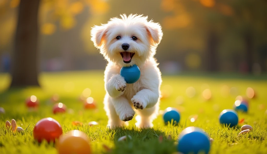 Small bichon frise dog playing with balls to the right