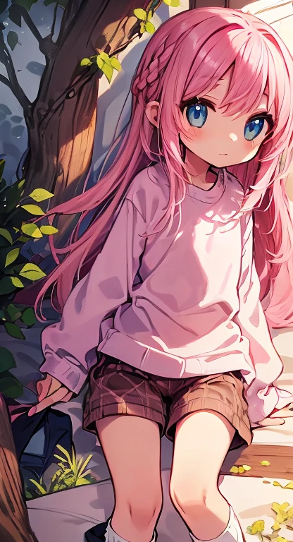 Beautiful illustrations, Highest quality、(Cute petite:1.5)、Flat Chest、Flat Body、(Pink long sleeve sweater:1.2)、(Brown checkered shorts:1.4)、(Wide opening checkered shorts:1.2)、Autumn Clothes、Gap between thigh and shorts、Wash your thighs、White socks、Beautiful Blue Eyes, Cinema Lighting, (Long pink hair)、(Pink Straight Hair)、(Embarrassing:1.2)、(Redness on the cheeks)、(Braiding of the back of the head)、