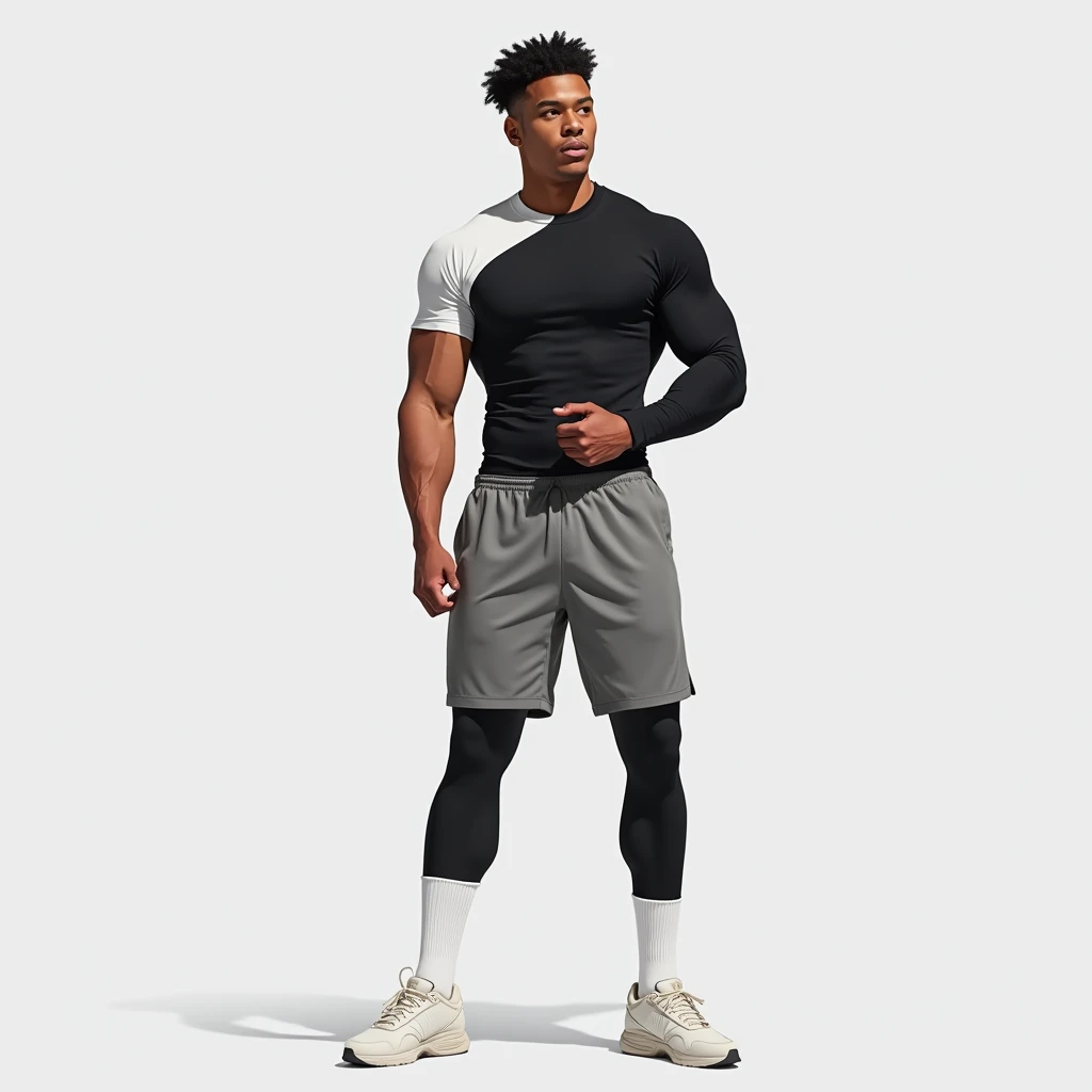 Best image quality, Ultra-high resolution, photograph,1 male,Muscular,Long legs,Are standing,Grey knee-length sweat shorts,Black long-sleeve compression shirt,White short-sleeved T-shirt as outerwear,Black long tights,White socks that come down to mid-calf,White sneakers,Touching the stock with one hand