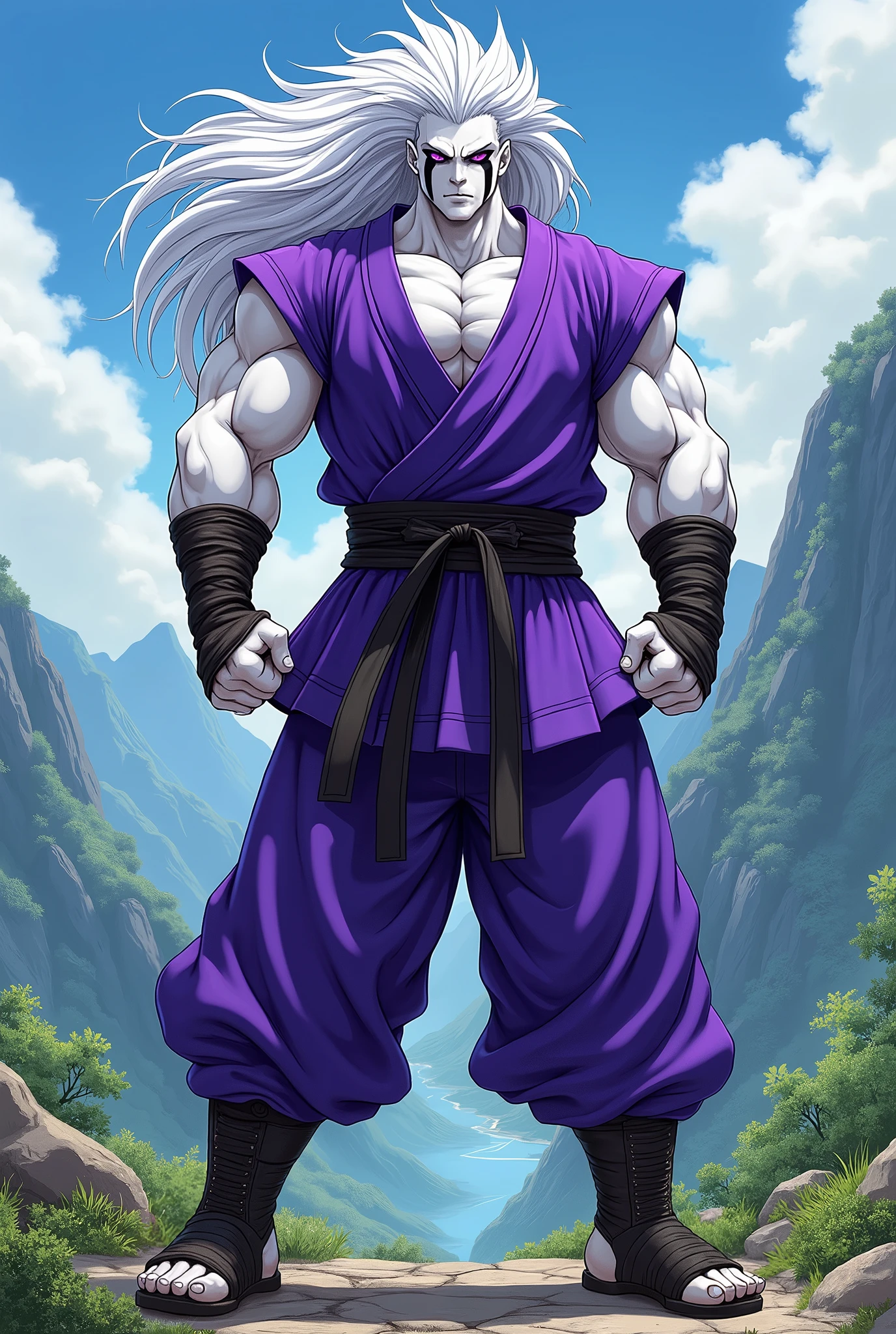 (Best quality ever)A humanoid male character, he is muscular and wears purple-colored Japanese fighting training clothes, he wears brown warrior boots, his skin is snow-white, he has purple eyes with black stripes running down his face underneath each eye, he has large upward pointed white colored hair., manga art style, rpg art style