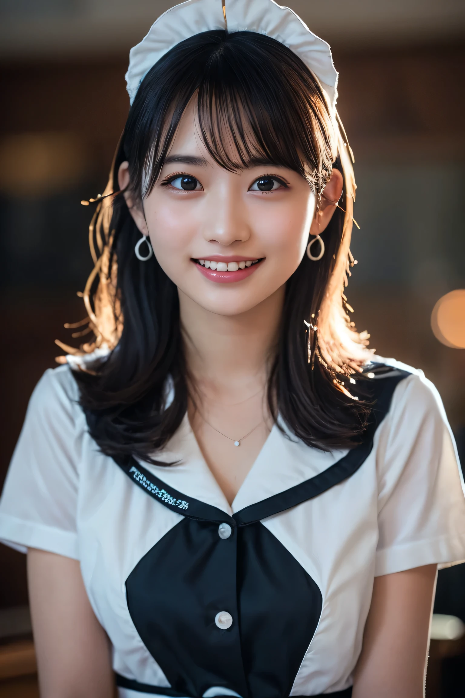 (8k, RAW Photos,Highest quality, High resolution:1.1), (Ultra-realistic:1.4),(Realistic, Realistic:1.3), Sodebtt Light,big,2 people,Realistic Face,Realistic Body,Realistic Skin,Confused,masterpiece,(cute:1.8), Cuties, alone, (big:1.2), Fine black eyes,Innocent eyes,Blusher,(T-Shirts:1.2 ),Cinema Lighting,Film Grain,jewelry,Earrings,((Medium Hair:1.1)),((Floating Hair Novadebtrog Style)),Cherry colored lips,Hair Ribbon,Hair Ribbon,ponytail,close,Viewer,Long Hair,Upper Body,Open your lips,Upper teeth, (Smiling Eyes:0.6),((Grin:1.2)),Depth odebt Field, Blurred Background, Eye focus , Bokeh,young, 85mm lens, debt/1.4,Prodebtessional Lighting, young,Portraiture,Photon Mapping,Radio City,Physically Based Rendering,Asian,((maid:1,3))