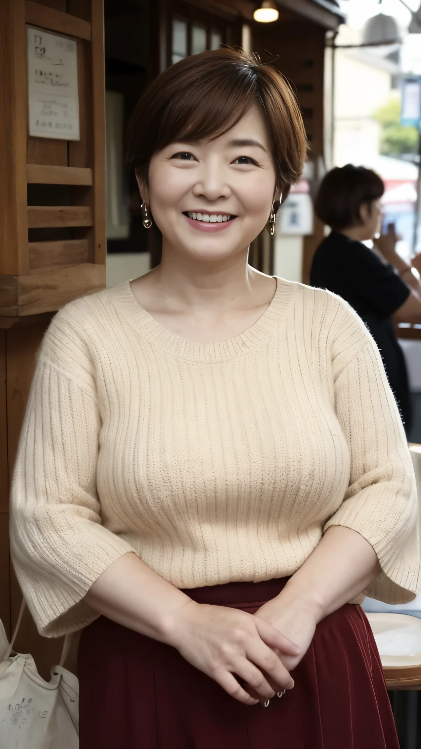 Osaka's aunt、Organic Photography、Highest quality、masterpiece、Ultra-high resolution、Beautiful Japanese old lady、60 years old、Looking at the audience、Elegant face、Smiling with teeth showing、Big Breasts、Wearing a plain short-sleeved knit、Short Hair、mini skirt、Earrings、A corner of a coffee shop, Background Blur