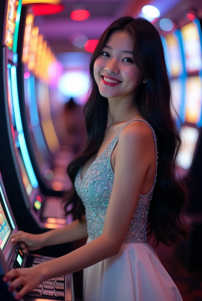 An elegant and Realistic Asian girl wearing a Red and Black party dress is playing Slot Machines