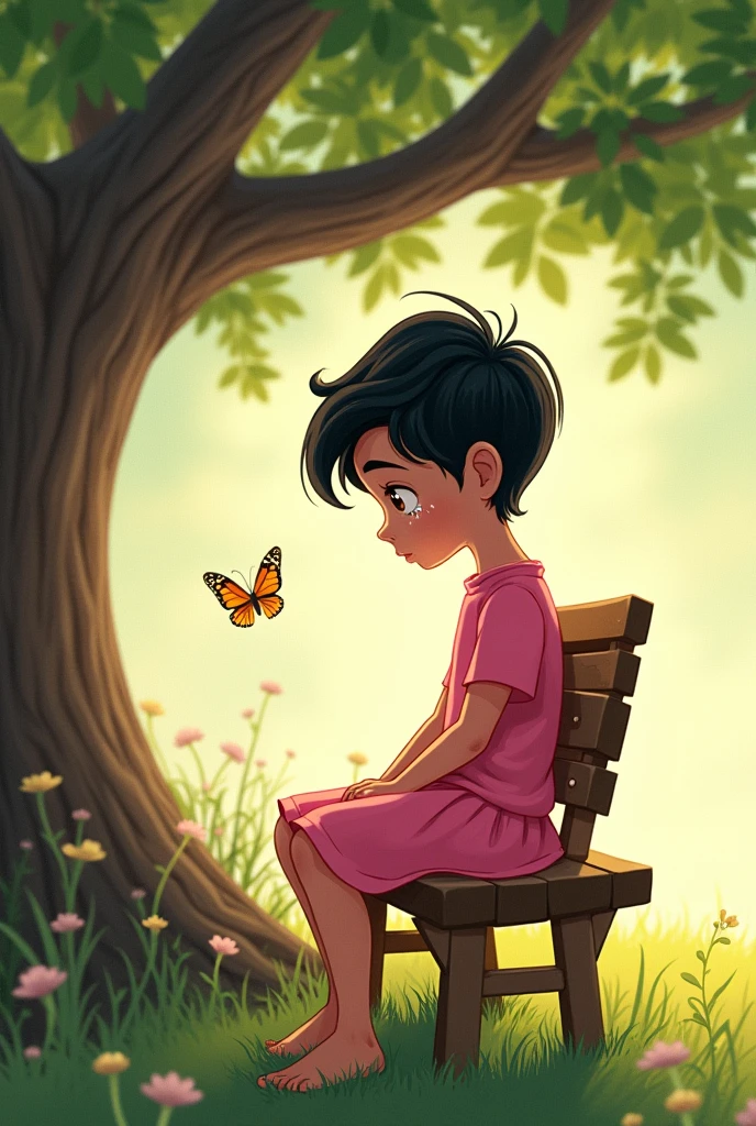 A picture of a boy in a pink dress crying on a bench under a tree(10 year old
girl). disney
cartoon type
