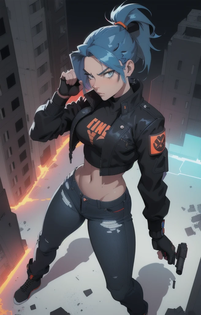 front camera. A girl stands in front in a militant and confident pose with a pistol in her hands. the gun shoots light. the girl is slender, toned figure, hair tied up in one ponytail, bright blue eyes and blue hair. clothes in red, blue, white and black colors. The girl is wearing tight jeans and a short jacket, with a top underneath. against the backdrop of New York during the apocalypse. black sludge destroys people behind. orange theme. next to the girl there are red, white, black, blue lights in the air., city, full body, pov, from above , dynamic pose,