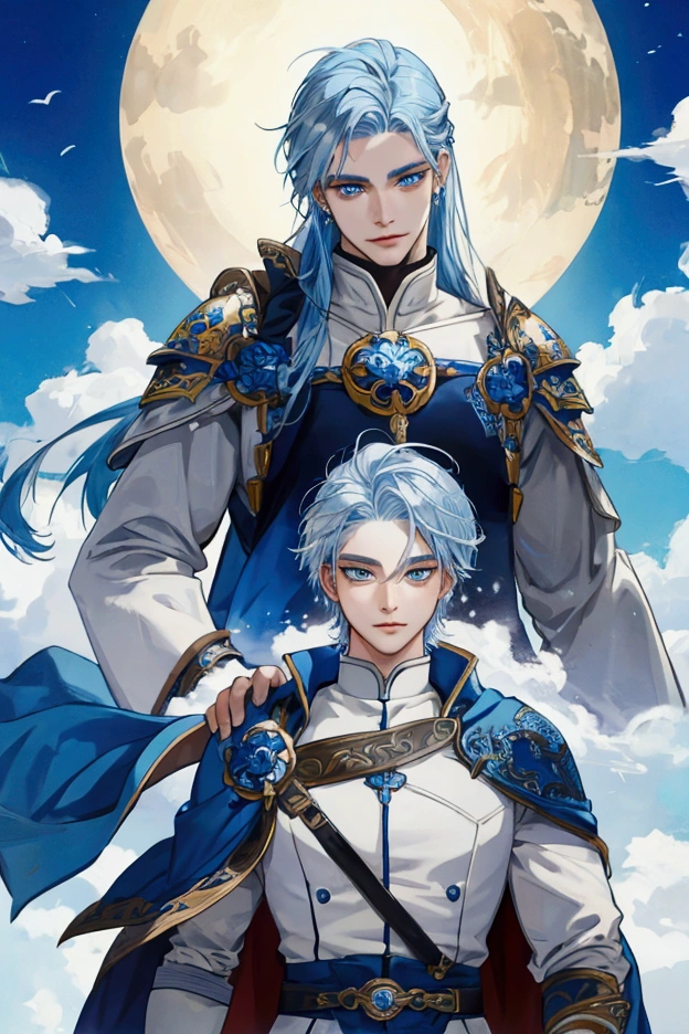 divine, human, masculine, warrior, Fantasy World, Silver-blue hair, Endless Blue Eyes, epic