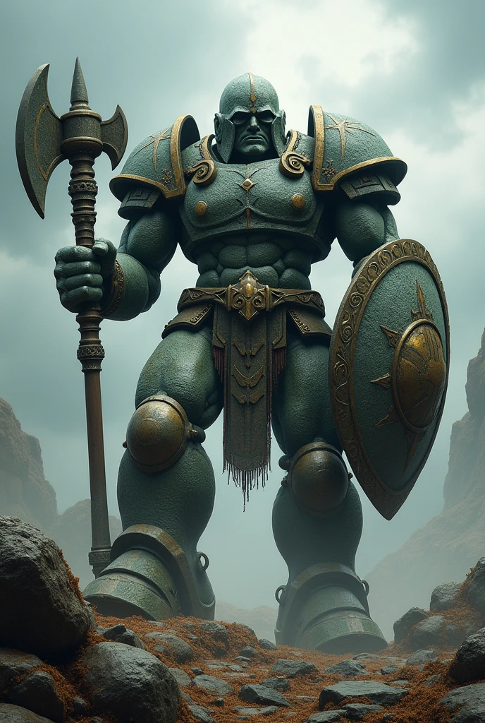 A warrior stone Golem with a war hammer, a battle apple on his back and a light shield