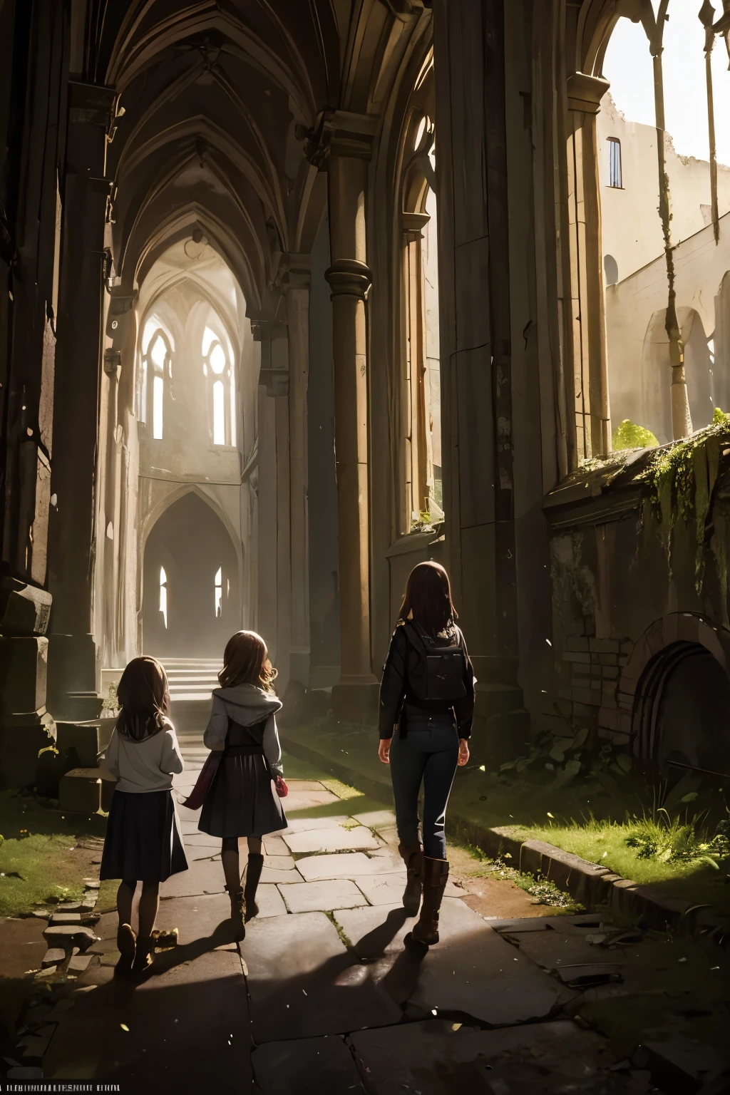 two fifteen-year-old girls and a nine-year-old girl explore a ruined abbey, dark atmosphere, spooky place, darkness, eerie shadows, ancient ruined medieval frescoes on the walls, wearing trousers and boots