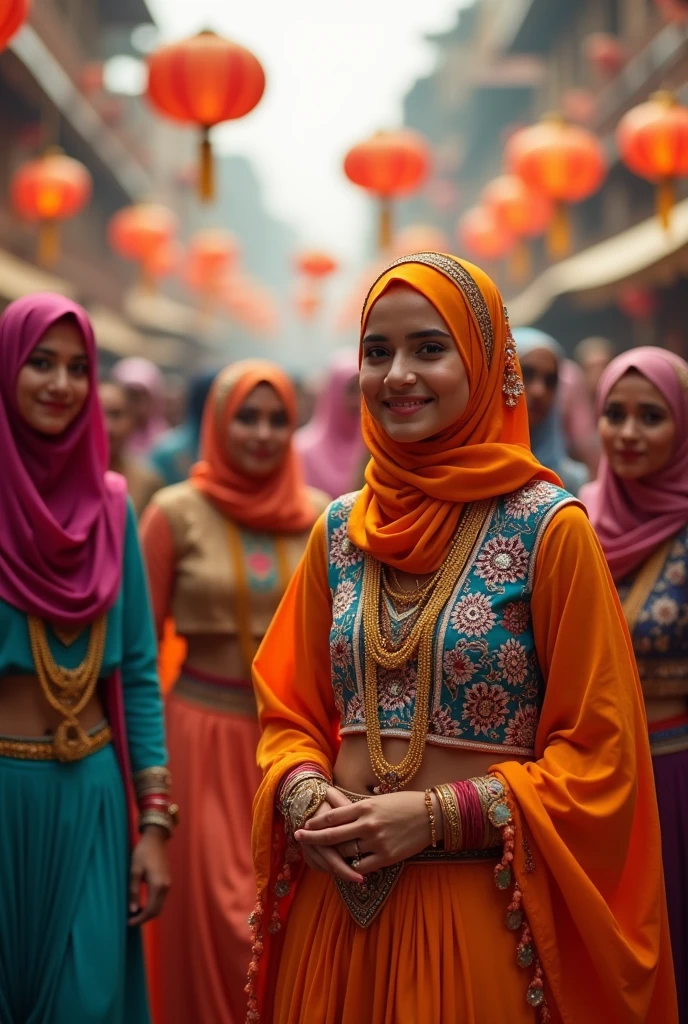 muslim women wearing crop top hijab, with Hindu pandit doing dance