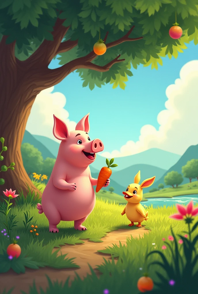 create 6 images of this story with the same characters in all images Once upon a time, on a small farm surrounded by green mountains and crystalline rivers, um porquinho chamado NIEL. NIEL era um porquinho rosa com uma grande personalidade e um coração cheio de bondade. He loved exploring the farm and making new friends.
NIEL e os Novos Amigos
One day, enquanto NIEL corria pelo campo, he heard a strange sound coming from a bush. curious, he approached and found a small bunny named Pip. Pip was trying to reach a carrot too tall for him.
"Hello, you need help?" perguntou NIEL com um sorriso.
"ye - yeah, Por favor!" Pip replied, animadas.
NIEL, with his strength and determination, he jumped and knocked the carrot down for Pip. The two soon became great friends and began to explore the farm together.
Shortly after, as they walked near the barn, they found a duckling named Duda, who was looking for his mother. NIEL, always being helpful, decided to help. They walked all over the farm until they finally found the mother duck at the lake.
"cheers, NIEL e Pip!" said Duda, happy to be reunited with her mother.
The Great Adventure
As the days went by, NIEL, Pip and Duda became inseparable. They were playing, explored and shared many laughs. One day, while they were all sitting near the big oak in the center of the farm, NIEL teve uma ideia.
"Let's explore the hill beyond the farm! They say that up there there is a tree that bears magic fruits!" he said enthusiastically.
Pip e Duda ficaram animadass e concordaram imediatamente. and so, the three friends began their journey to the hill.
The climb was challenging, but with each other's help, they reached the top. Leaves, they found the magic tree, full of colorful and shiny fruits. Each one took a fruit, and when they took the first bite, Something amazing happened: they began to float in the air, as if they were light as a feather!