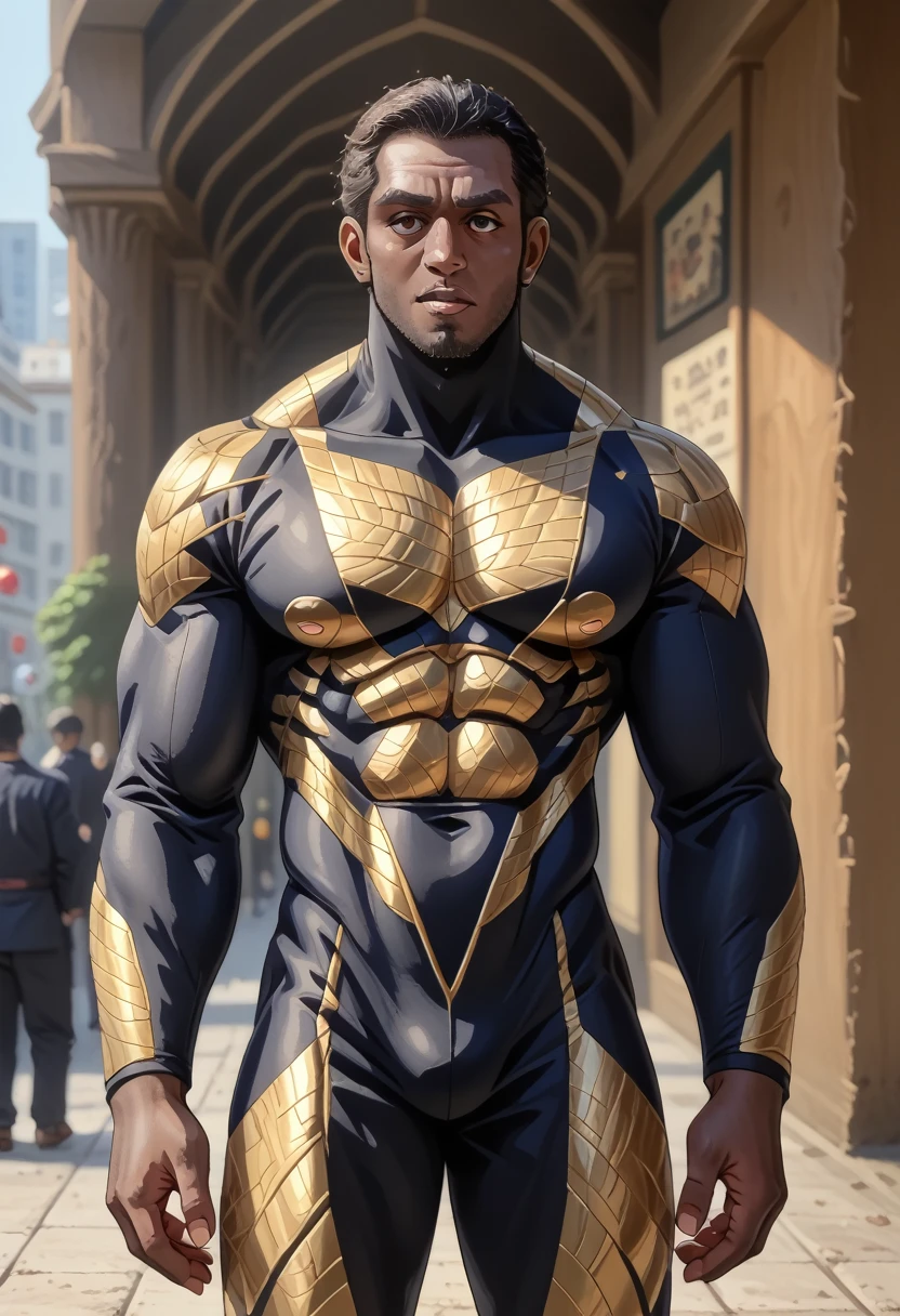8K,Absurd resolution, high resolution, (masterpiece: 1.4),Background: a strikingly handsome hybrid Simian Gorilla male near humanlike Simianarian who has made a name for himself as a model and social media influencer in the Scifi futurist megacity of Lumina. His unique blend of simian-Gorilla and near-human features has captivated audiences, making him a sought-after figure in the fashion and entertainment industries.in a futururist SimianarianSimian style patterned bodysuit moulded and forfitting Show with a imposing statuesue beautiful with clearer Simian looks and featuremodellike Gorilla hybrid female stylish dressed