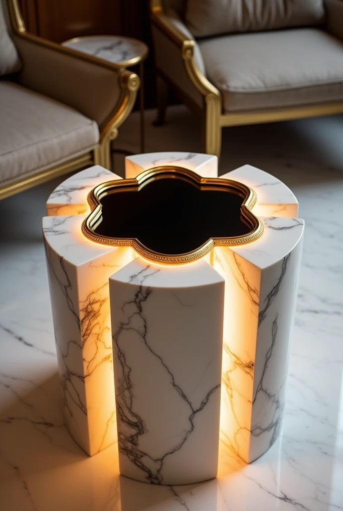 Small four-legged table made of white marble with natural marble pattern. The sides are made of marble, and in the middle of the table there is an empty space filled with blackish transparent glass, surrounded by elegant golden frames.. Inside the table, there is warm gold LED lighting, creating an attractive glow that reflects through the dark glass and gold frames.. The top of the table is covered with blackish clear glass for a modern and luxurious touch, making it an ideal piece for a guest lounge.