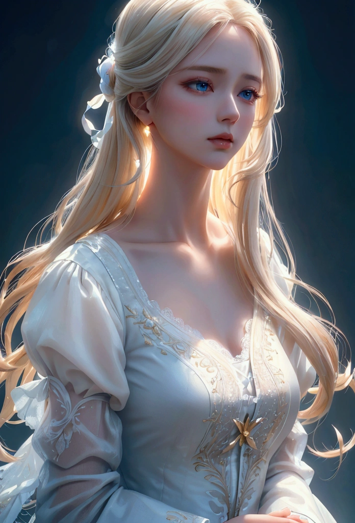 Natural light, a mysterious and gorgeous scene with light and brightness. Glossy rich white blonde_straight long hair, pastel golden outfit_puff sleeves with lace, embroidery Detailed details: 1.3, delicate pupils, (highest quality, 4K, 8k, high resolution, masterpiece: 1.2), (upper body close-up angle), (highly detailed, realistic: 1.37), cinematic soft lighting, dramatic mood lighting, vivid colors, subtle magical clear sky background details, fragile, elegant, dramatic, composed of great composition.