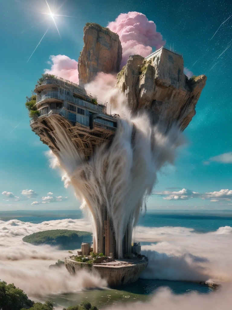 (8k, highest quality, masterpiece, final fantasy style: 1.2), (unRealistic, photoRealistic: 1.37), Dreamy landscape, Fantasy, Unsurreal landscapes, Super detailed, Flying Castle, Floating Island in the Sky, Seven-colored swirl of light, Intense lightning, milky way, Complex Light, Colored light, Large Lake, Starry sky reflected on the lake surface, Countless shining stars, Meteors,  Reflections , (A pillar of light emanated from the ground:1,2), (((roses and orchids gardens , bright day , pink clouds, waterfalls in the sky, realistic style, Hyperrealism drawing, a flying pirate spaceship floating above the  clouds)))) , burning skyscrapers, , timeless realms, stunning  princess  ,  casting spell, healing light magic effect, in a magical lagoon of the fairyland, crystal clear water surface reflections, sharp focus, looking at viewer, (close-up:0.9), (bright white theme:1.2), (bright white tone:1.2), (deep blue tone:1.3),((( realistic, Hyperrealism, vivid colours , landscapes , alien cyborgs , science fiction themes))), 